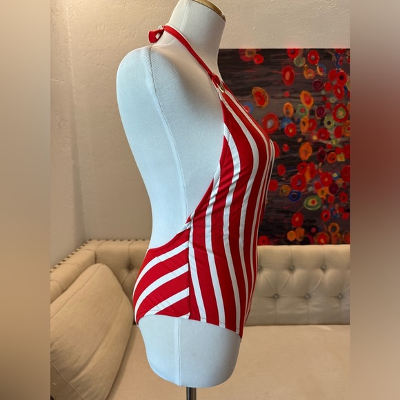Milly Cabana red & white stripped deep V neck one piece swimsuit size 0P - Picture 3 of 7